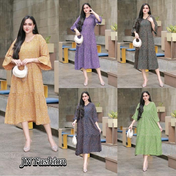 Dress Midi Jumbo Polkadot LD 120 Busui Friendly - Gamis Rayon 7/8 Lengan Lonceng All Size Big Size
