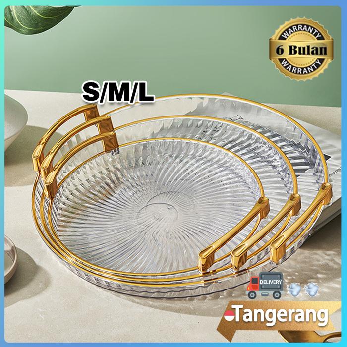 Tray Nampan Transparan Bulat Gold Plastik Nordic Luxury Tray Aesthetic Snack Fruit Tray