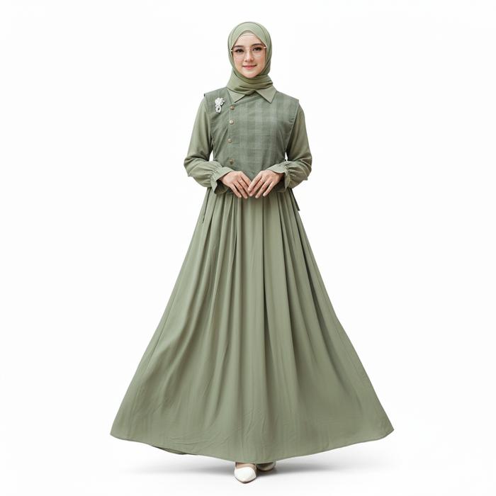 Megana Dress Orinaura Gamis Dress Setelan Lepasan 2in1 Gaun Wanit Kotak-kotak Bahan Viscose Nyaman B