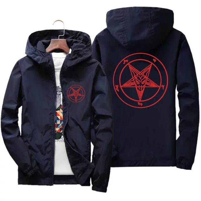 Mens Pentagram Men Church of Satan Baphomet Knights Templar Pentagram Thin Hooded Windbreaker t shir