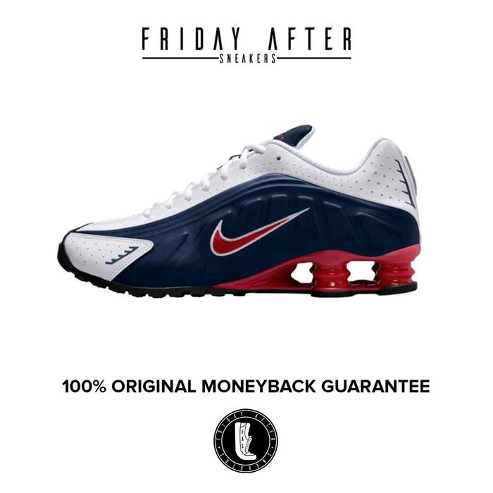 Sepatu Sneakers Pria Nike Shox R4 Midnight Navy USA Gym Red White Original Resmi