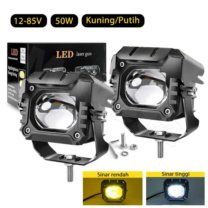 2PC Lampu Tembak Laser D2 Led 50 Watt 12-85V 2 Warna Putih Kuning Superbright Lampu kabut