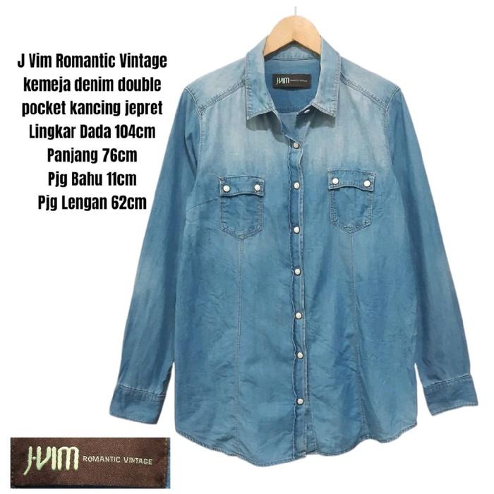 J Vim Romantic Vintage kemeja denim double pocket kancing jepret