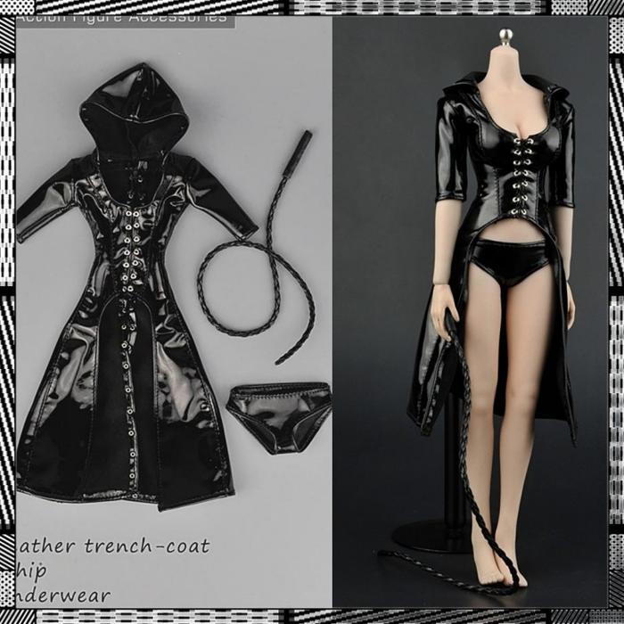 ZYTOYS ZY5018 1/6 Female Soldier Gothic Black Hooded Leather Coats Windbreaker Underwear Whip For 12