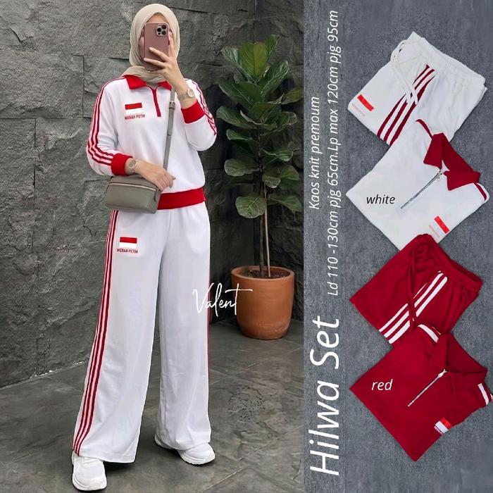 setelan olahraga merah putih,Valent Hiwa Set Kaos Knit Premiun Ld 110-130cm Pjg 65cm Lp max 120cm Pj