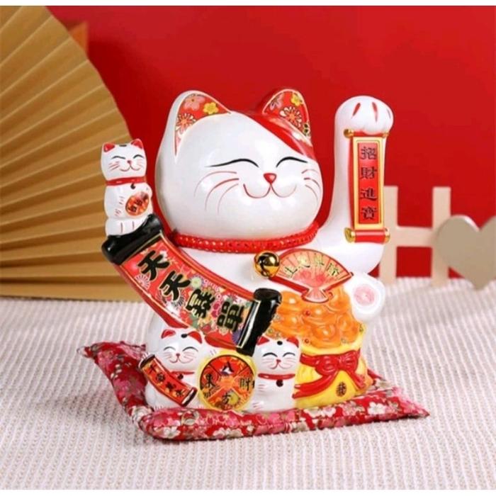 [LARISS] Pajangan Keramik Maneki Neko Patung Kucing Hoki Tangan Goyang PREMIUM