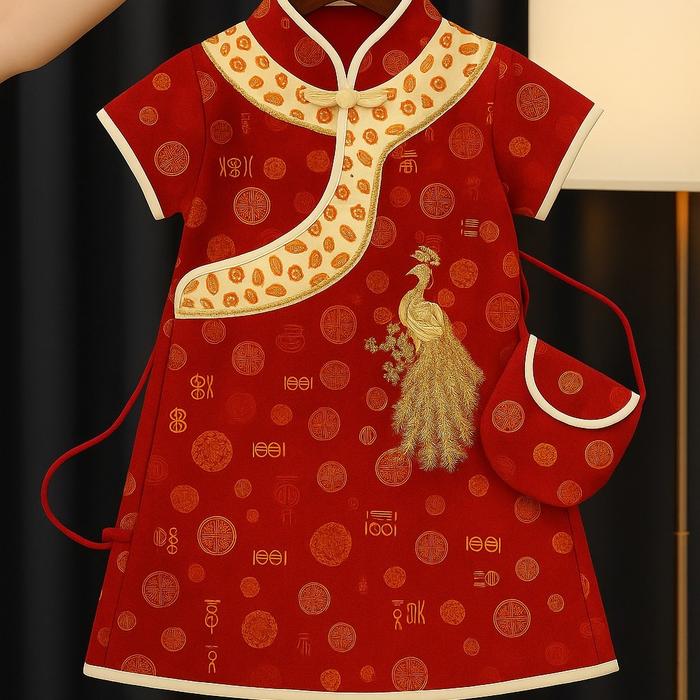 Dress Anak Cina Merak + Tas | Baju Imlek Anak Perempuan Elegan 3 Bulan–8 Tahun
