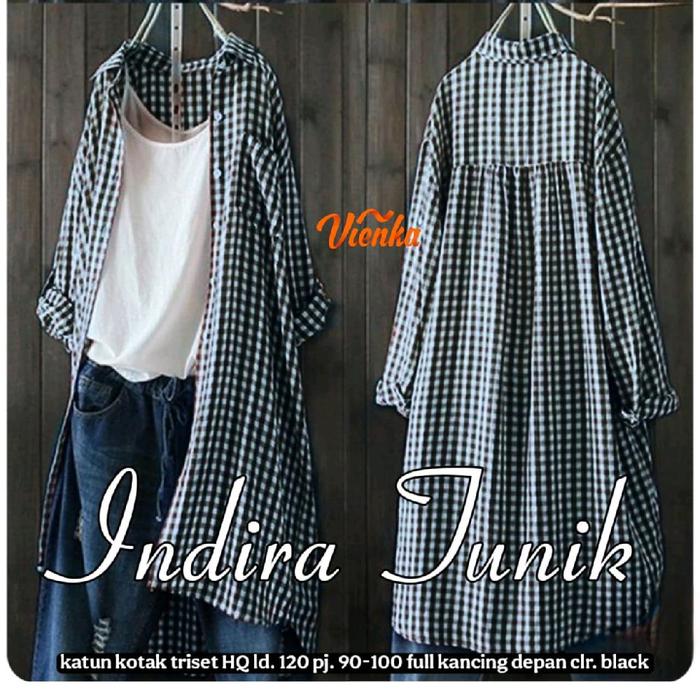 Indira Tunik Kemeja Wanita Bahan Katun Kotak Triset HQ Ld 120 cm Jumbo