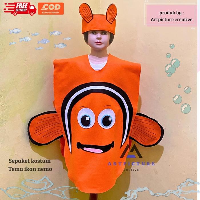 Ready siap kirim sepaket kostum tema ikan laut Nemo/ kostum flanel tema ikan nemo/kostum ikan nemo a