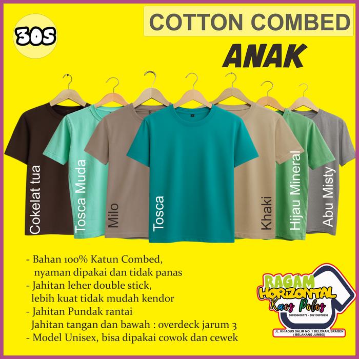 RAGAM HORIZONTAL Kaos Polos Anak Katun Combed 30S Warna Cokelat tua, Tosca muda, milo, tosca, khaki,