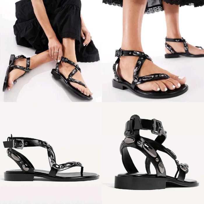 STRADIVARIUS SANDAL SENDAL FLAT METAL BLACK BARU ORIGINAL ASLI