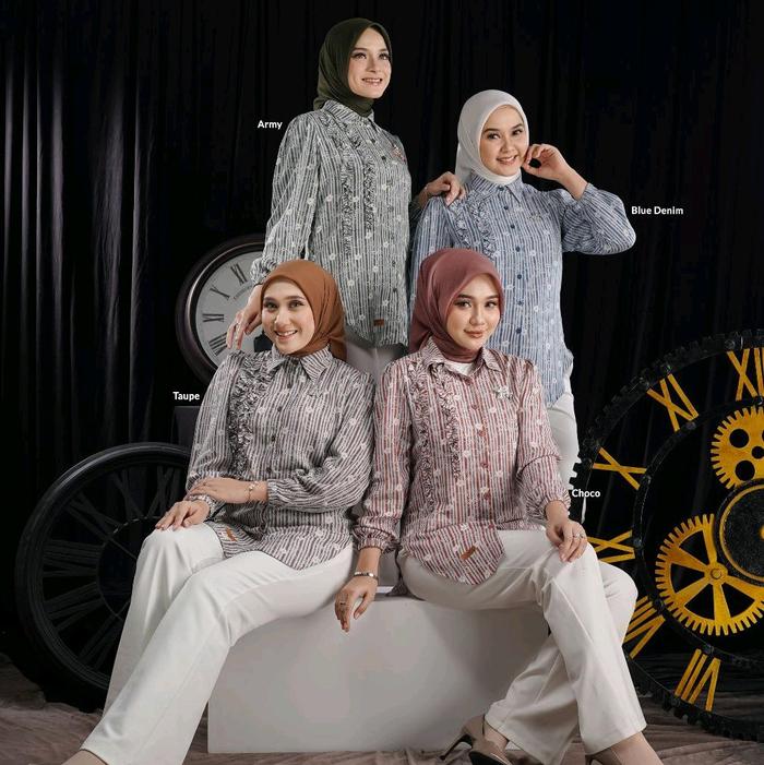 CLARINNA BLOUSE • Nadheera Luxury / Blouse Atasan Kemeja Kancing Motif Salur Bunga Ruffle Rayon Adem