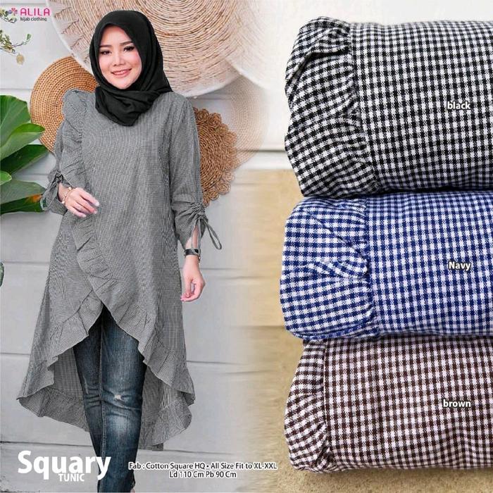 Squary tunik by ALILA HIJAB (maxi gamis dress motif kotak/square bahan cotton square HQ)