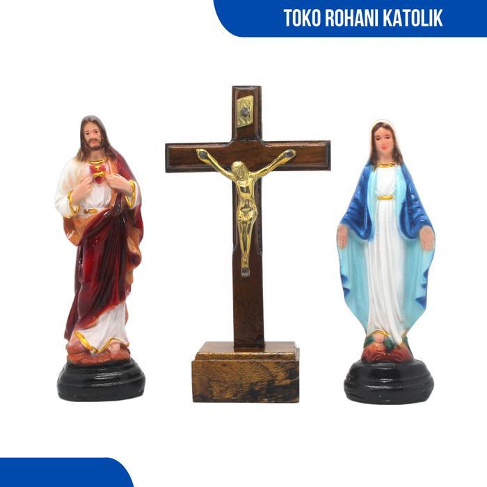 Set Doa Katolik (Ukuran Mini) / Salib Duduk Katolik / Patung Yesus Maria / Lilin Doa Katolik/Rosario