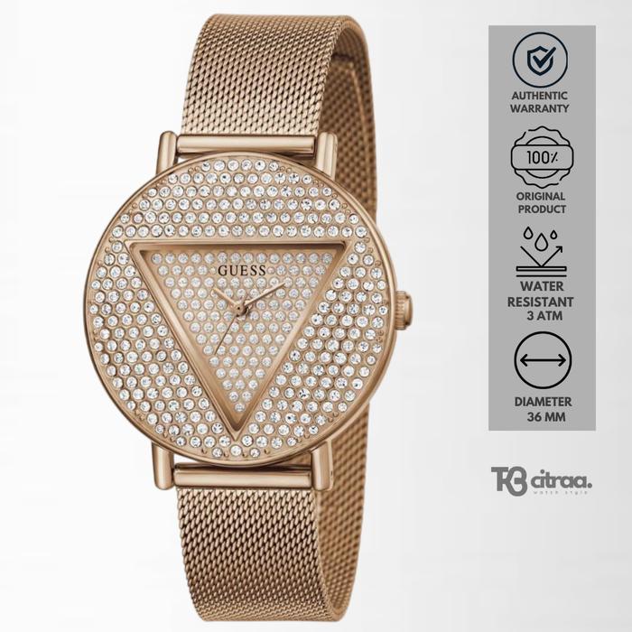 Jam Tangan Wanita Guess Iconic GW0477L3 Ladies Rose Gold Glitz Dial Rose Gold Stainless Steel Mesh S
