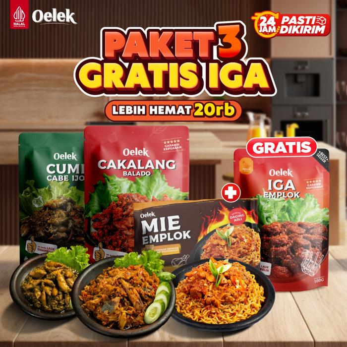 Beli 3 Gratis 1  Iga Emplok- Oelek  Lauk Ceker Emplok / Cumi Cabe Ijo + Cakalang Balado + Mie Emplok