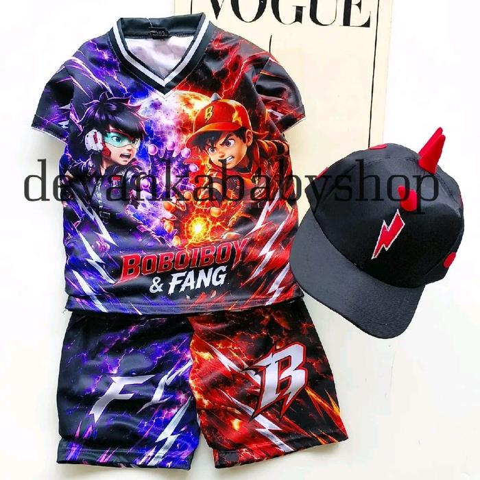Boboiboy & Fang Baju Anak Laki-laki dengan Topi Hitam Motif Petir dan Api