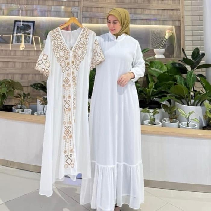 Gamis Maisya Muslimah Putih dan Outer Putih Bordir Muslim Wanita