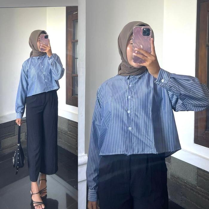 KEMEJA NUMA SALUR CROPTOP OVERSIZE LENGAN PANJANG||SHIRT STRIP CROP||KEMAAJA WANITA MOTIF GARIS GARI