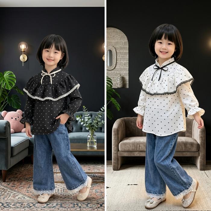 SETCEL NAURA POLKADOT KERAH RUMBAI MIX JEANS ANAK PEREMPUAN USIA 3 - 12 TAHUN / STELAN CELANA KULOT