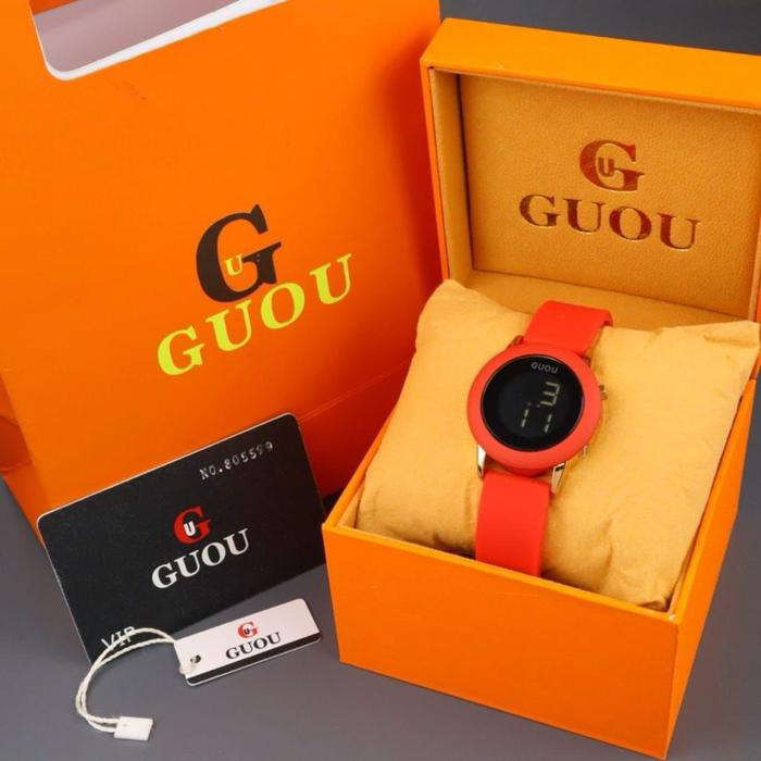 (Cod) Jam Tangan Wanita Ori Guou Led Strap Karet Fashion Tahan Air Free Kartu Garansi
