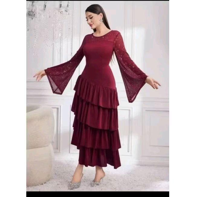 Dress abaya Dubai marun umpak-umpak bertingkat-MG