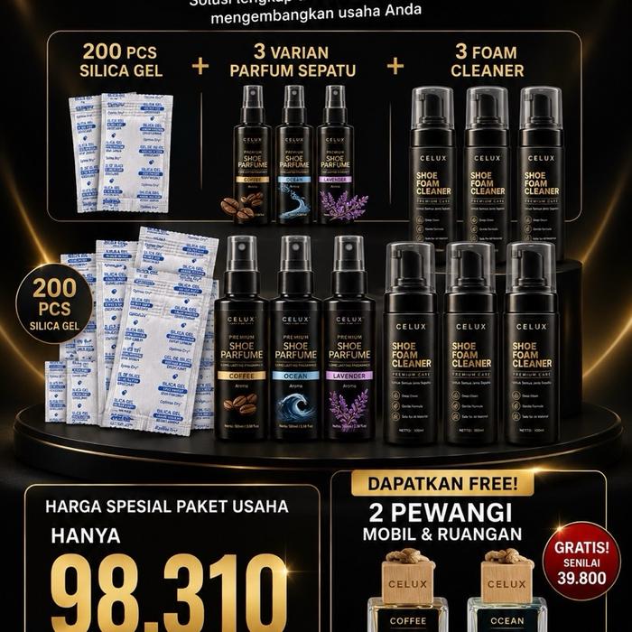 Celux Modal Usaha Mulai 98 Ribuan Paket Reseller Parfum Sepatu Foam Cleaner Silica Gel Bonus Pewangi