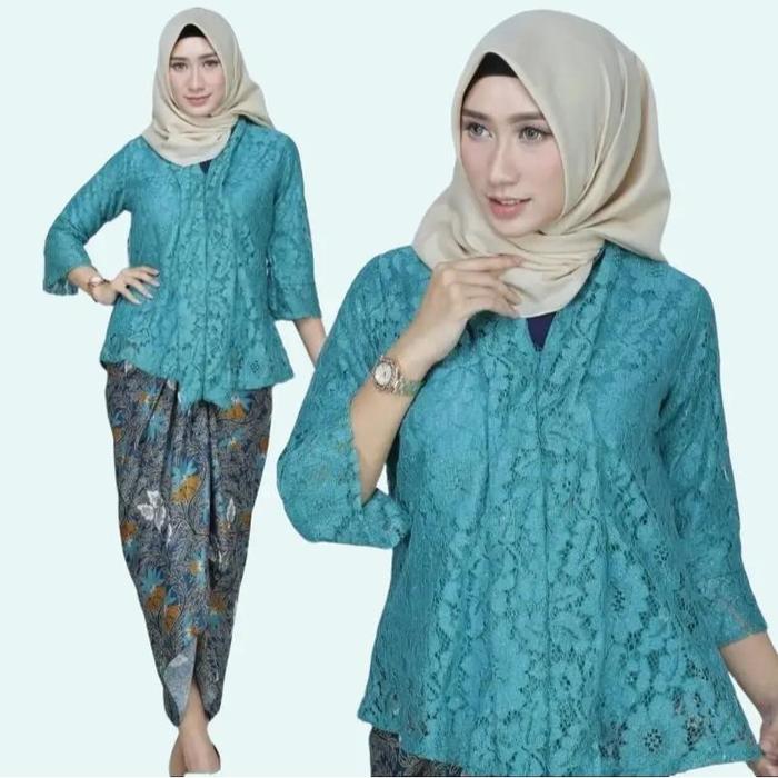 Setelan Kebaya Modern Kutu Baru Bahan Brukat Full Puring Warna Tosca dan Rok Batik Wanita Bahan Semi