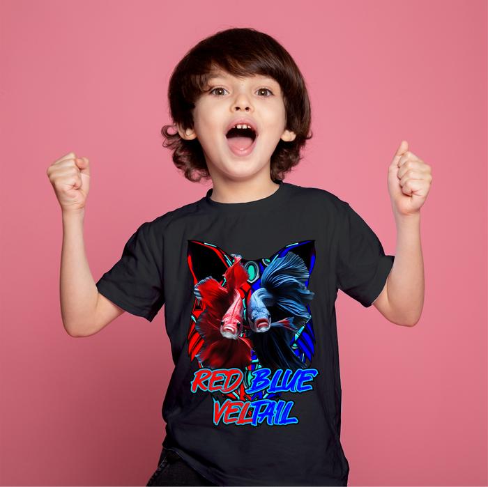 KAOS ANAK IKAN CUPANG 2 PETARUNG VELTAIL MOTIF RED BLUE PAKE NAMA / baju anak laki laki / kaos anak 