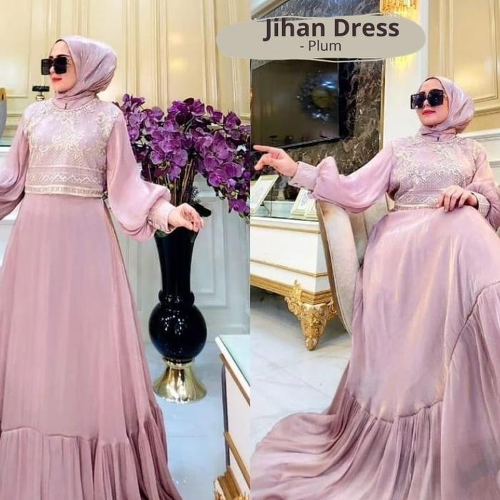 Terbaru Vallina Outfit - Jihan Dress Gamis Maxy Muslim Wanita Santorini Aksen Brukat Pesta Kondangan