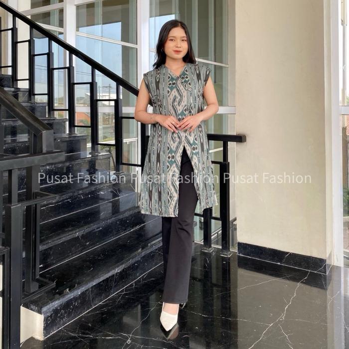 PusatFashion4 Cardigan Batik Tanpa Lengan Wanita Modern Vest Outer Batik Vest Cardi Long Outer Batik