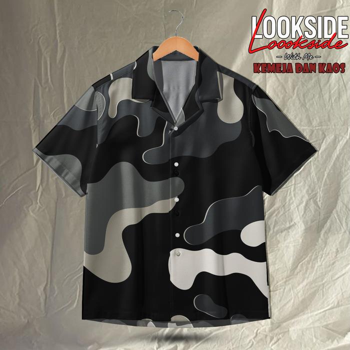 LOOKSIDE Kemeja Loreng Pria Camouflage Black Grey Baju Kemeja Kasual Fullprint | LOK273