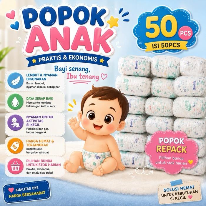 POPOK BAYI PAMPERS ANAK REPACK ISI 50PCS untuk Kebutuhan Harian Bayi Anda