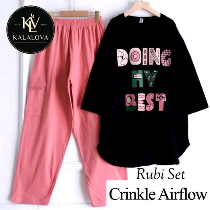 RUBI SETELAN CELANA CARGO CRINKLE AIRFLOW LD 110 / RUBI SET WANITA / SETELAN CARGO / ONE SET TERBARU