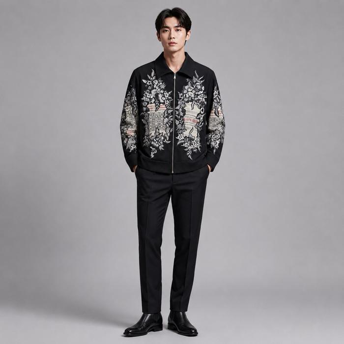 LUIRE Jas Colet Pucca Lukisan Hitam Putih Kehidupan Zipper – Jas Pria Premium Motif Etnik Modern Ele
