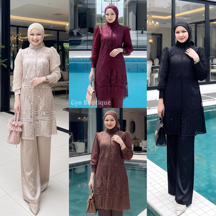 NEW OUTER BURGUNDY SETELAN WANITA ONE SET MOTIF TILE BROKAT TUNIK PESTA MAXMARA