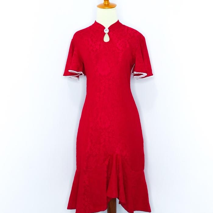 08 - Dress Cheongsam Merah Qipao Brokat / Dress Import / Dress Cina / Dress Sangjit / Dress China /