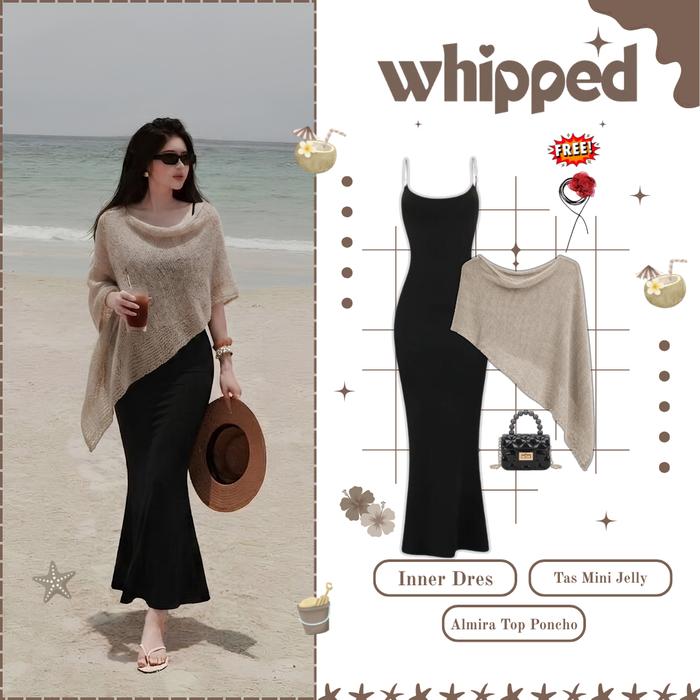 One Set Outfit Pantai Rajut Ringan || Outer Rajut Ringan Coksu + Inner Dress Spandex Hitam + Tas Min