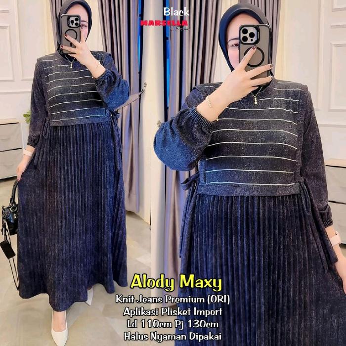 Alody Maxy Knit Premium Ori Aplikasi Plisket Import Ld 110cm Pj 130cm Halus Nyaman Dipakai Gamis Can