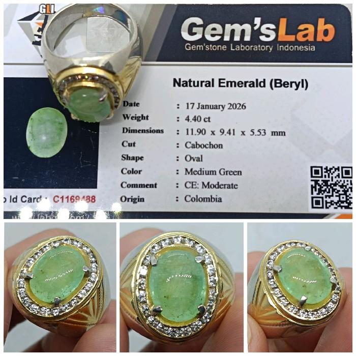 Natural Emerald beryl Colombia 4,4ct memo GLI Zamrud Columbia Ring Perak tebal