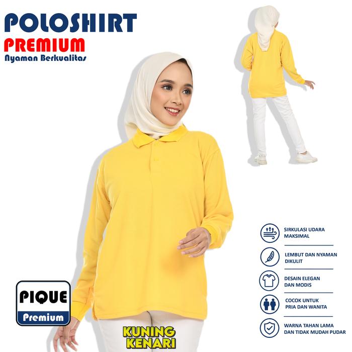 Kaos Polo Panjang Kuning Kenari Polos / Baju Kaos Kerah Panjang Pria Wanita
