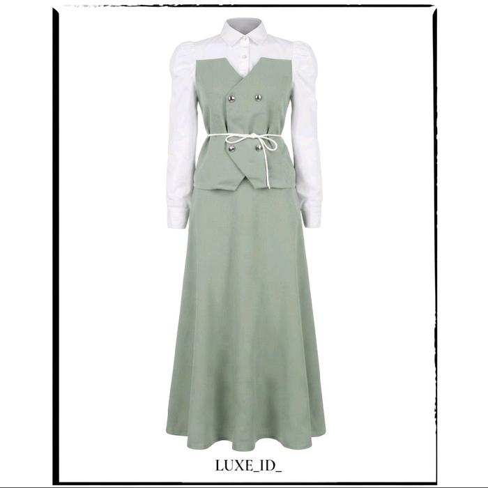 LUXE_ID_ Estelle Set Skirt Matcha (Free Belt) | One Set Wanita | Setelan Korea | Setelan Formal | Se