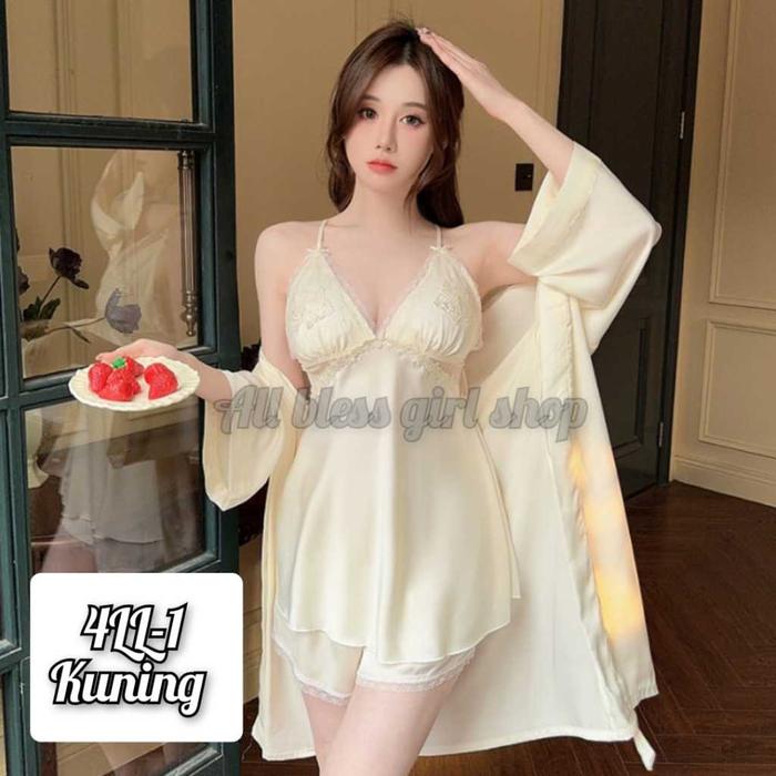 Baju Tidur Wanita 1 Set 3 Pcs Kimono Atasan dan Celana Motif Etnik Nyaman
