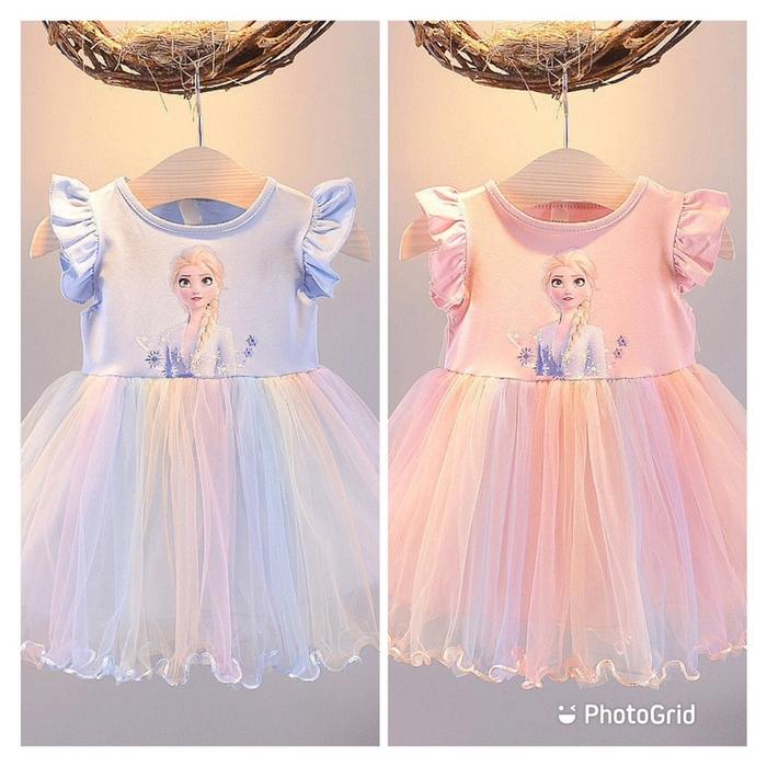 Dress Anak Perempuan Bahan Katun Premium Dengan Rok Tutu Pelangi Gambar Frozen Elsa Rok Terusan Anak