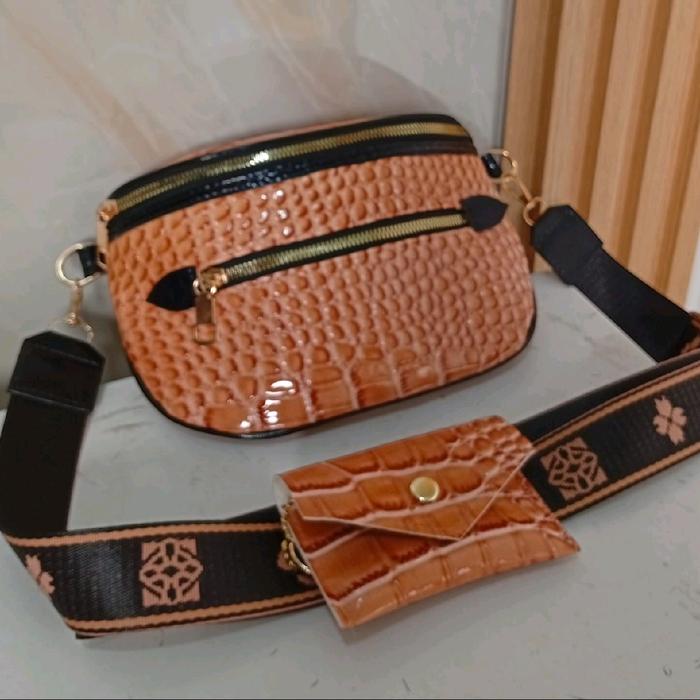NEW (mj fhasion store) tas selempang waitsbag 2 ruang motif croco free dompet kode sahara Wanita Sli