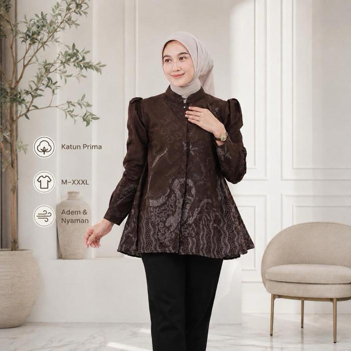 Blouse Batik Wanita Arimbi Katun Prima Atasan Batik Lengan Panjang Kerja Kantor Modern Atasan Bawaha