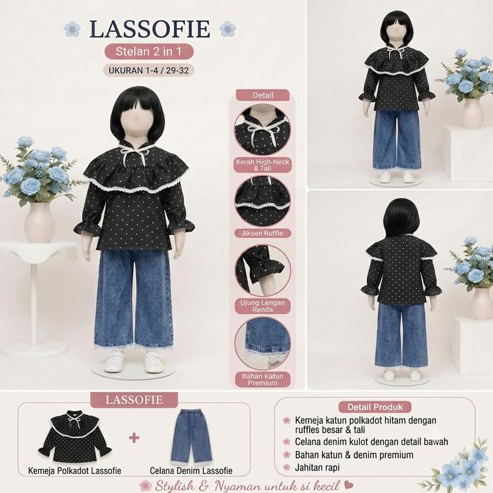 SETCEL POLKADOT KERAH KERUT MIX JEANS ANAK PEREMPUAN USIA 3 - 12 TAHUN / STELAN CELANA KULOT - FASHI