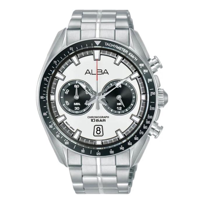 ALBA Jam Tangan Pria AB A4B023 Chronograph Tachymeter KMH 10 BAR Stainless Steel Strap