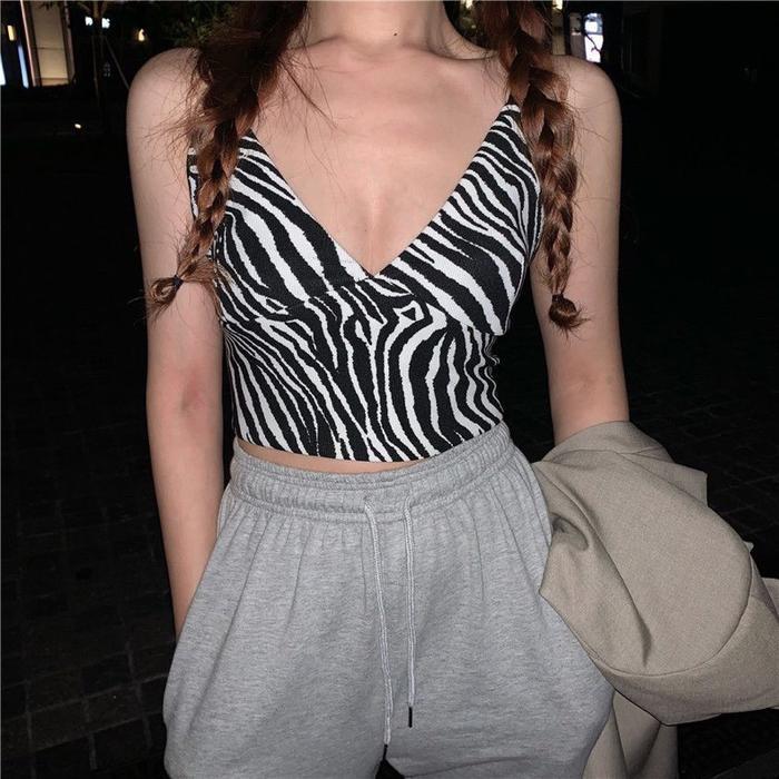Tank Top Crop Wanita Motif garis Tanktop Korean Printed Zebra Fashion - Hitam Zebra