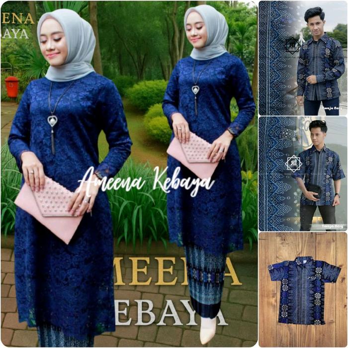 Couple Kebaya Brokat Pesta Modern Tunik Muslimah & Kemeja Batik Premium Motif Toraja Navy | Kebaya S